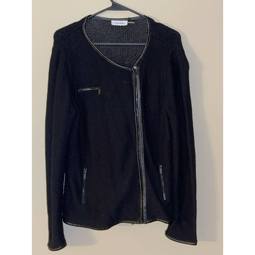 Calvin Klein Womens M‎ Long Sleeve Cardigan Sweater Black With Faux Leather Trim